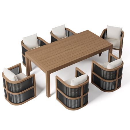 Möbelgarnitur, Tisch 150 cm + 6 Stühle, Teakholz, für Terrasse oder Garten, Seilgeflecht, Kissen inklusive, Gardenia