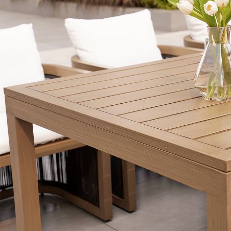 Möbelgarnitur, Tisch 150 cm + 6 Stühle, Teakholz, für Terrasse oder Garten, Seilgeflecht, Kissen inklusive, Gardenia