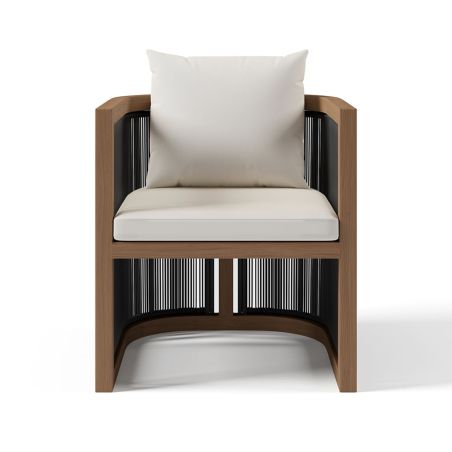 Möbelgarnitur, Tisch 150 cm + 6 Stühle, Teakholz, für Terrasse oder Garten, Seilgeflecht, Kissen inklusive, Gardenia