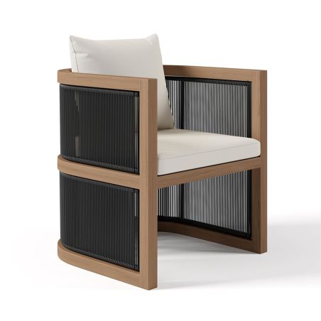 Möbelgarnitur, Tisch 150 cm + 6 Stühle, Teakholz, für Terrasse oder Garten, Seilgeflecht, Kissen inklusive, Gardenia