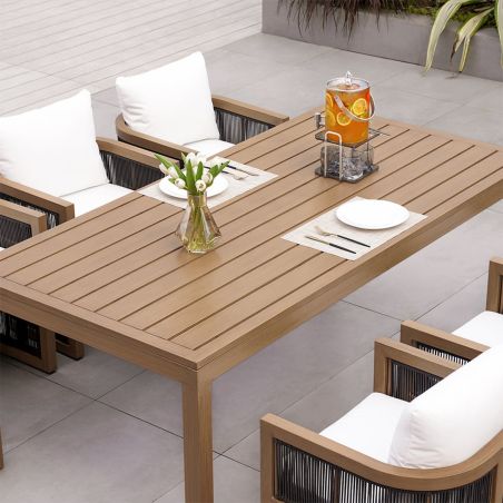 Möbelgarnitur, Tisch 150 cm + 6 Stühle, Teakholz, für Terrasse oder Garten, Seilgeflecht, Kissen inklusive, Gardenia