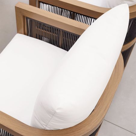 Möbelgarnitur, Tisch 150 cm + 6 Stühle, Teakholz, für Terrasse oder Garten, Seilgeflecht, Kissen inklusive, Gardenia