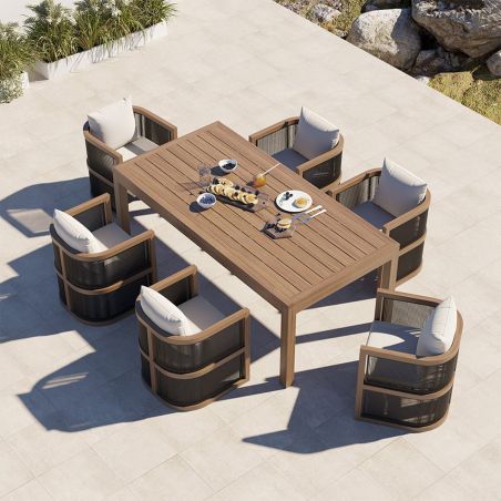 Möbelgarnitur, Tisch 150 cm + 6 Stühle, Teakholz, für Terrasse oder Garten, Seilgeflecht, Kissen inklusive, Gardenia