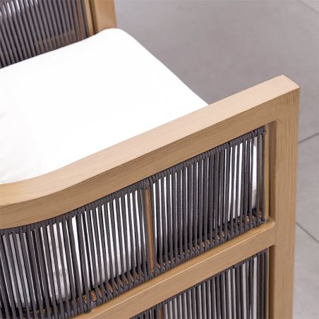 Möbelgarnitur, Tisch 150 cm + 6 Stühle, Teakholz, für Terrasse oder Garten, Seilgeflecht, Kissen inklusive, Gardenia