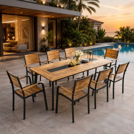 Möbelset für Garten oder Terrasse – Tisch und 8 stapelbare Stühle aus Aluminium und WPC, Blake