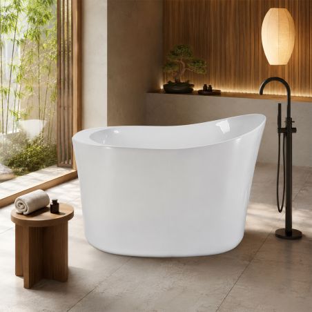 Japanische Badewanne, freistehend, Acryl, inklusive verchromter Abflussarmatur, Farbe: Hochglanzweiß, 120 x 80 cm, Nubia