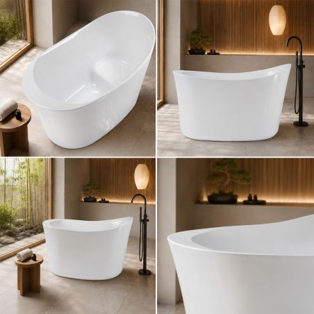 Japanische Badewanne, freistehend, Acryl, inklusive verchromter Abflussarmatur, Farbe: Hochglanzweiß, 120 x 80 cm, Nubia