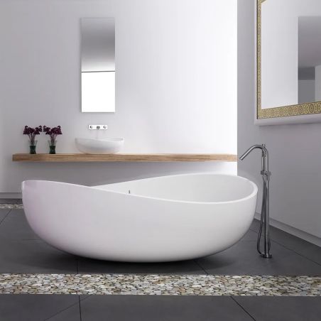 Badewanne, Mineralwerkstoff, freistehend, inklusive weißem Abfluss, Hochglanzweiß, 160 x 80 cm, Sofia