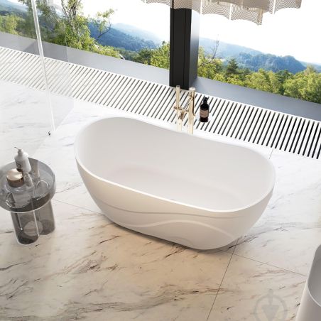 Badewanne, Mineralwerkstoff, inklusive weißem Abfluss, freistehend, Hochglanzweiß, 170 x 78 cm, Calista
