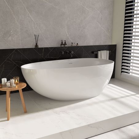 Badewanne, Mineralwerkstoff, freistehend, inklusive weißem Abfluss, Hochglanzweiß, 170 x 78 cm, Aveline