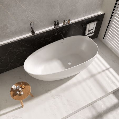 Badewanne, Mineralwerkstoff, freistehend, inklusive weißem Abfluss, Hochglanzweiß, 170 x 78 cm, Aveline
