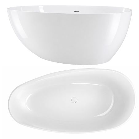 Badewanne, Mineralwerkstoff, freistehend, inklusive weißem Abfluss, Hochglanzweiß, 170 x 78 cm, Aveline