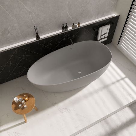 Badewanne, Mineralwerkstoff, freistehend, Zementgrau matt, inklusive Chromarmatur, 170 x 78 cm, Aveline