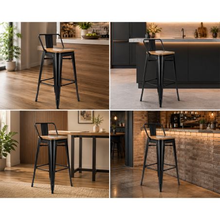 Barhocker, verstärkter Rahmen, Eisen, Sitzfläche aus Ulmenholz, Industriedesign, 43 x 43 x 76 cm, Timo