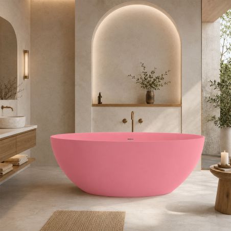 Badewanne, Mineralwerkstoff, freistehend, inklusive Chrom-Lüftungsventil, Lachsrosa matt, 170 x 78 cm, Aveline