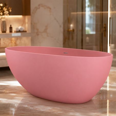 Badewanne, Mineralwerkstoff, freistehend, inklusive Chrom-Lüftungsventil, Lachsrosa matt, 170 x 78 cm, Aveline