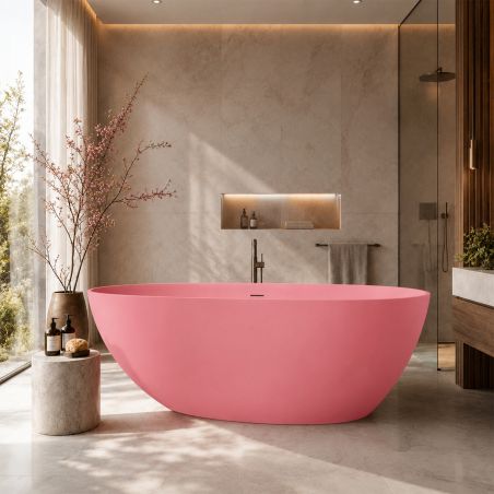 Badewanne, Mineralwerkstoff, freistehend, inklusive Chrom-Lüftungsventil, Lachsrosa matt, 170 x 78 cm, Aveline