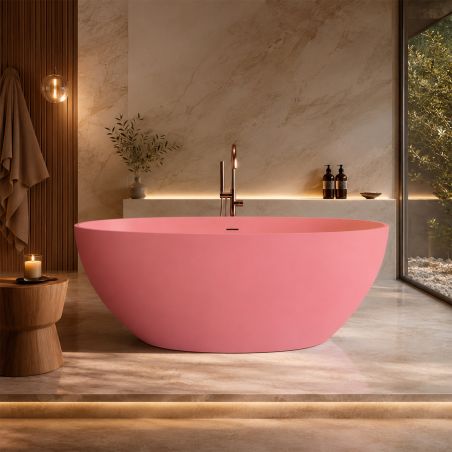 Badewanne, Mineralwerkstoff, freistehend, inklusive Chrom-Lüftungsventil, Lachsrosa matt, 170 x 78 cm, Aveline