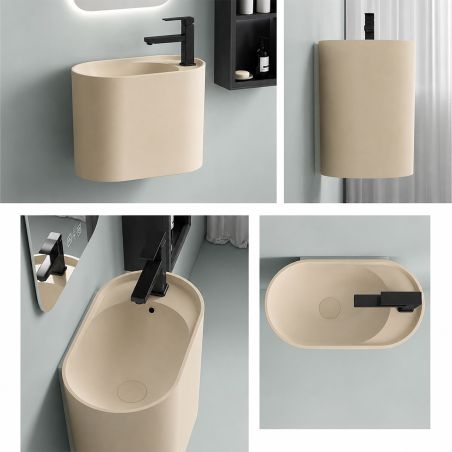 Waschbecken, Wandmontage, Beige Matt, 50 x 28 cm, mit Armaturenloch, Siena