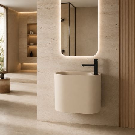 Waschbecken, Wandmontage, Beige Matt, 50 x 28 cm, mit Armaturenloch, Siena