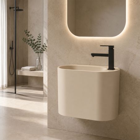 Waschbecken, Wandmontage, Beige Matt, 50 x 28 cm, mit Armaturenloch, Siena