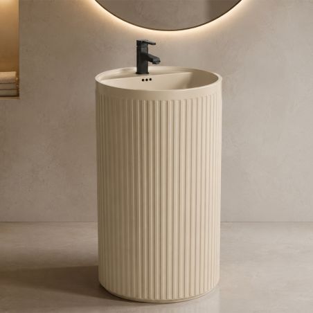 Standwaschbecken, Beige Matt mit vertikaler Riffelung, 45 x 45 x 85 cm, mit Armaturenloch, Sanitärkeramik, Firenze