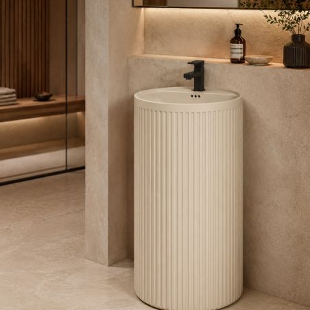 Standwaschbecken, Beige Matt mit vertikaler Riffelung, 45 x 45 x 86 cm, mit Armaturenloch, Sanitärkeramik, Firenze