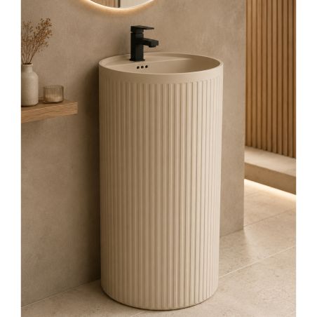 Standwaschbecken, Beige Matt mit vertikaler Riffelung, 45 x 45 x 85 cm, mit Armaturenloch, Sanitärkeramik, Firenze