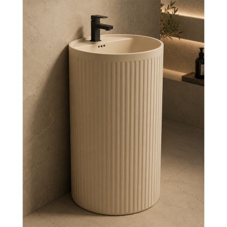 Standwaschbecken, Beige Matt mit vertikaler Riffelung, 45 x 45 x 85 cm, mit Armaturenloch, Sanitärkeramik, Firenze