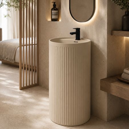 Standwaschbecken, Beige Matt mit vertikaler Riffelung, 45 x 45 x 85 cm, mit Armaturenloch, Sanitärkeramik, Firenze