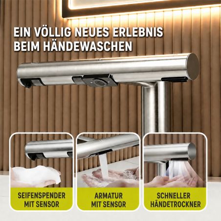 Waschtischarmatur, Kaltwasser, Seifenspender, Sensor, Händetrockner, Kauf, Waschtischmontage, Stromanschluss, Velis