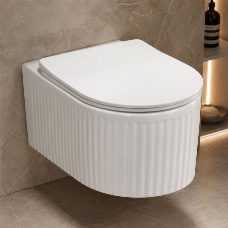 Toilettenschüssel, Wandmontage, Hochglanzweiß mit vertikaler Riffelung, Tornado-Spülsystem, 49 x 36 cm, Sanitärkeramik, Firenze