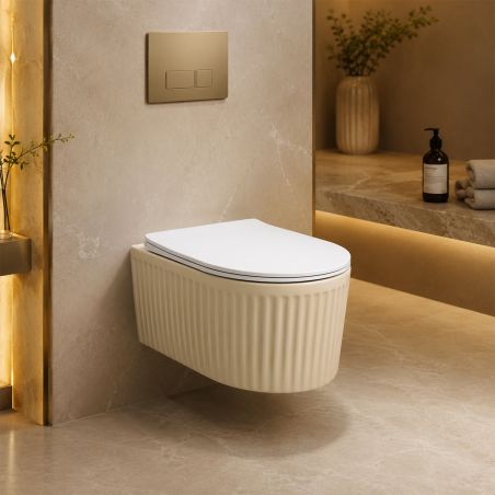 Toilettenschüssel, Wandmontage, Beige Matt mit vertikaler Riffelung, Tornado-Spülsystem, 49 x 36 cm, Sanitärkeramik, Firenze