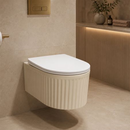 Toilettenschüssel, Wandmontage, Beige Matt mit vertikaler Riffelung, Tornado-Spülsystem, 49 x 36 cm, Sanitärkeramik, Firenze