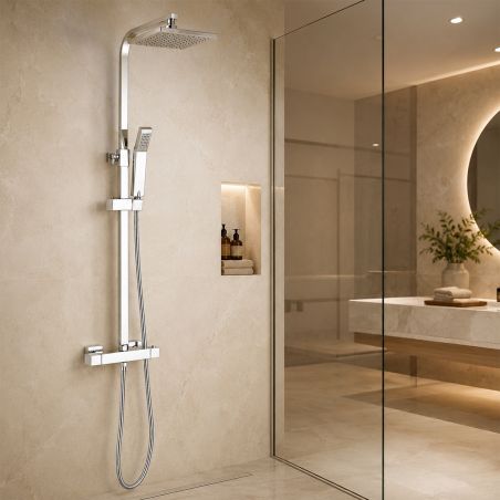 Thermostat-Duschsystem, 2 Funktionen, Regenduschkopf, Handbrause, Wandmontage, Chrom, Hermes