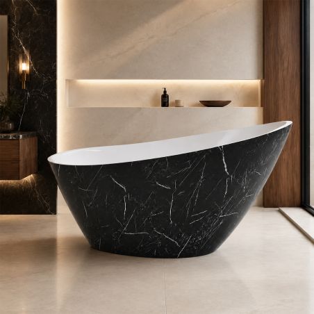 Badewanne Acryl, inklusive Überlaufventil, außen Schwarz Marquina, außen glänzend weiß, innen, 160x80 cm, Cairo