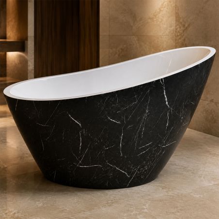 Badewanne Acryl, inklusive Überlaufventil, außen Schwarz Marquina, außen glänzend weiß, innen, 160x80 cm, Cairo