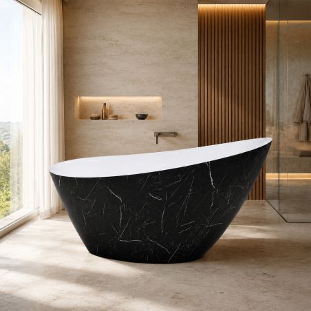 Badewanne Acryl, inklusive Überlaufventil, außen Schwarz Marquina, außen glänzend weiß, innen, 160x80 cm, Cairo