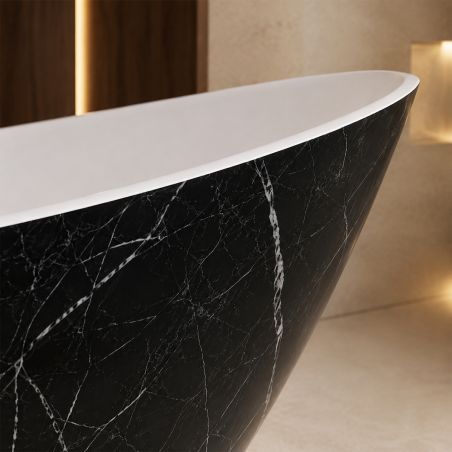 Badewanne Acryl, inklusive Überlaufventil, außen Schwarz Marquina, außen glänzend weiß, innen, 160x80 cm, Cairo