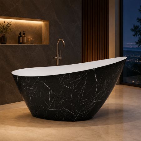 Badewanne Acryl, inklusive Überlaufventil, außen Schwarz Marquina, außen glänzend weiß, innen, 160x80 cm, Cairo