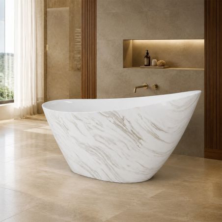 Badewanne Acryl, inklusive Überlaufventil, außen Calacatta-Weiß, außen weiß glänzend, innen, 160x80 cm, Cairo
