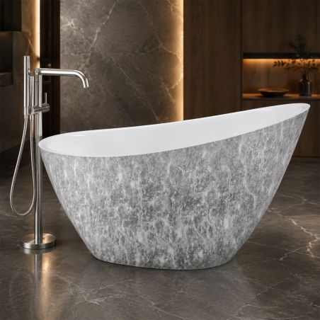 Badewanne Acryl, verchromtem Abfluss, Überlauf, Außen aus Naturstein, außen glänzend weiß innen, 160x80 cm, Cairo