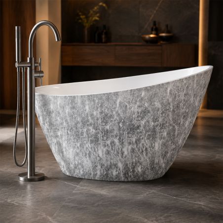 Badewanne Acryl, verchromtem Abfluss, Überlauf, Außen aus Naturstein, außen glänzend weiß innen, 160x80 cm, Cairo