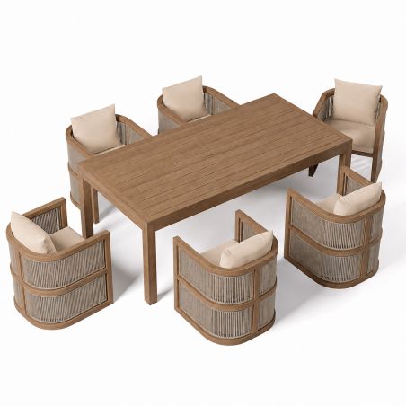 Möbelgarnitur, Tisch 150 cm + 6 Stühle, Teakholz, für Terrasse oder Garten, Seilgeflecht, Kissen inklusive, Gardenia