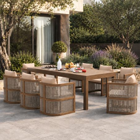 Möbelgarnitur, Tisch 150 cm + 6 Stühle, Teakholz, für Terrasse oder Garten, Seilgeflecht, Kissen inklusive, Gardenia