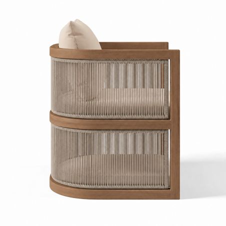 Möbelgarnitur, Tisch 150 cm + 6 Stühle, Teakholz, für Terrasse oder Garten, Seilgeflecht, Kissen inklusive, Gardenia