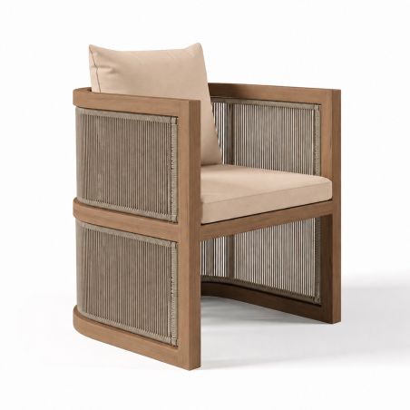 Möbelgarnitur, Tisch 150 cm + 6 Stühle, Teakholz, für Terrasse oder Garten, Seilgeflecht, Kissen inklusive, Gardenia