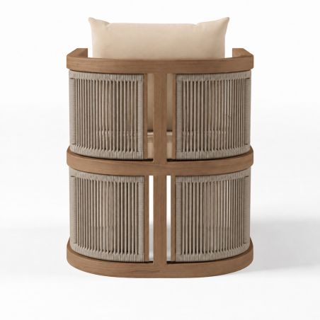 Möbelgarnitur, Tisch 150 cm + 6 Stühle, Teakholz, für Terrasse oder Garten, Seilgeflecht, Kissen inklusive, Gardenia