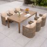 Möbelgarnitur, Tisch 150 cm + 6 Stühle, Teakholz, für Terrasse oder Garten, Seilgeflecht, Kissen inklusive, Gardenia
