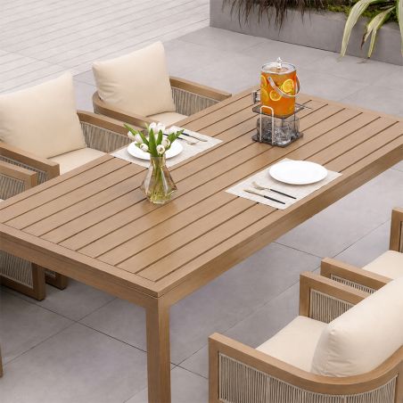 Möbelgarnitur, Tisch 150 cm + 6 Stühle, Teakholz, für Terrasse oder Garten, Seilgeflecht, Kissen inklusive, Gardenia